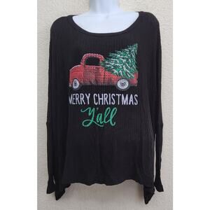 Zutter Black Red Green Merry Christmas Y'all Waffle Knit Top Small Lightweight